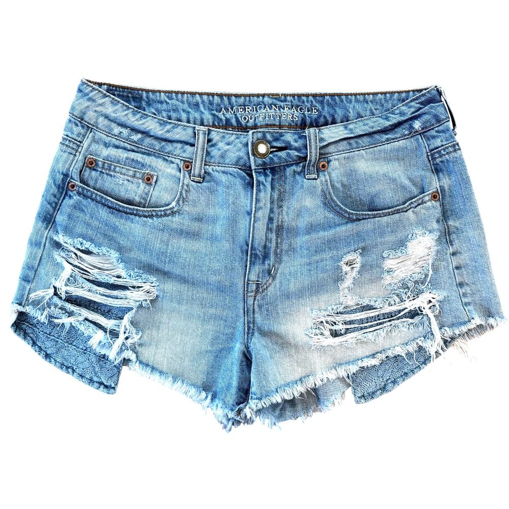 American Eagle Hi-Rise Festival Jean Shorts Distressed Crochet Pocket, Size 10